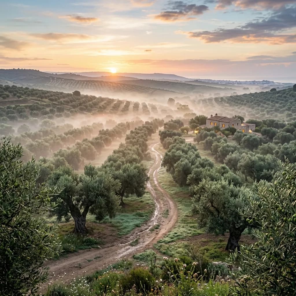 Lush Tunisian olive grove at dawn
